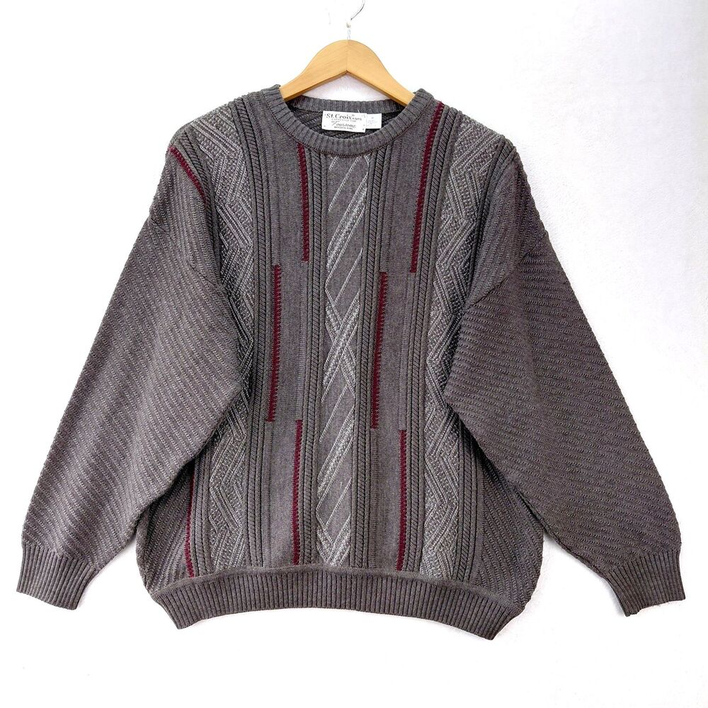 VTG St Croix Knits Sweater Men M Gray Wool Blend 3D Coogi Style Biggie Geometric